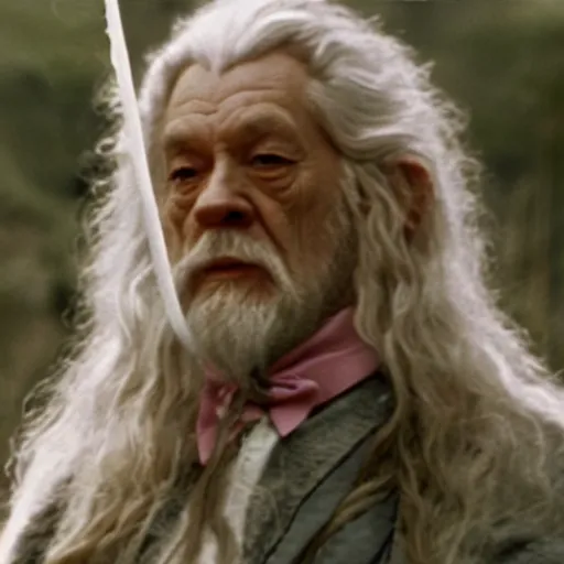 Image similar to portrait of gandalf, wearing a pink ribbon tied into his hair, holding a blank playing card up to the camera, movie still from the lord of the rings