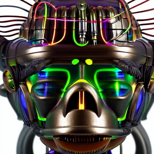 Prompt: a glossy claymodel of a steampunk robot head, top of the head is covered with wires and multicolored glowing tubes, 8 k, front view, symetrical, flourescent colors, halluzinogenic, multicolored, insanely detailed, 3 d render, octane