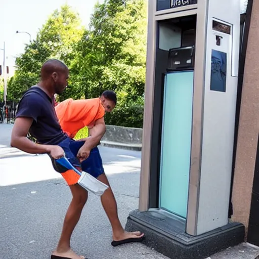 Image similar to man kicked in the head by a bare foot with toes coming through the handset of a pay phone