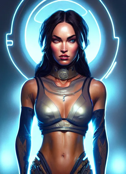 Image similar to portrait of apex legends megan fox, intricate, elegant, glowing lights, highly detailed, digital painting, artstation, glamor pose, concept art, smooth, sharp focus, illustration, art by artgerm and greg rutkowski, artey freytag