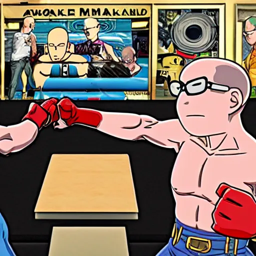 Image similar to Hank hill, one punch man, arm wrestling