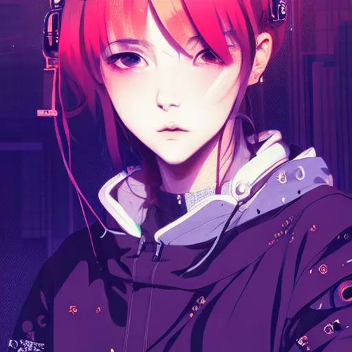 Image similar to by kyoto animation, cool girl wearing cyberpunk intricate streetwear, beautiful, detailed symmetrical close up portrait, intricate complexity, in the style of artgerm and ilya kuvshinov, cell shaded, 4 k, concept art, by wlop, krenz cushart, greg rutkowski, pixiv. cinematic dramatic atmosphere, cinematic lighting, studio quality