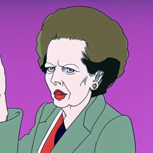 Image similar to A still of Margaret Thatcher in a 1990s anime