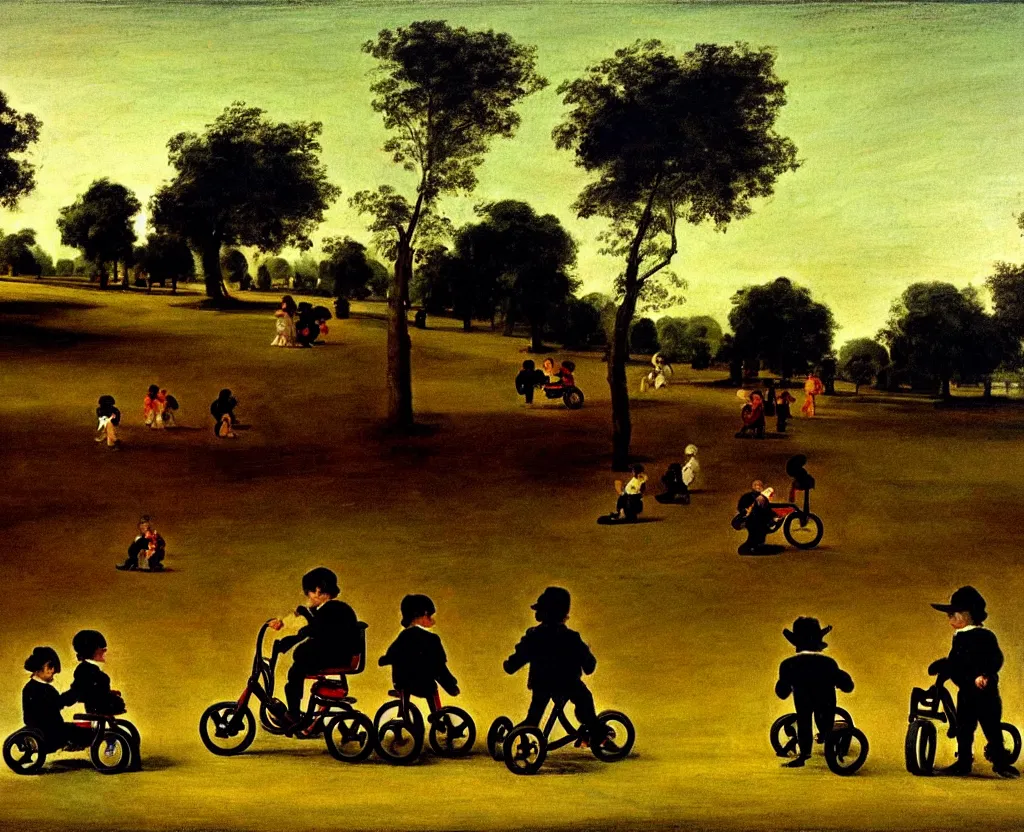 Image similar to children riding tricycles in the park, in the style of francisco goya's black paintings