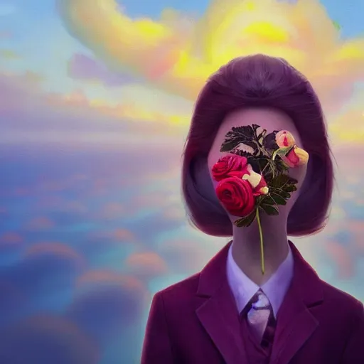 Image similar to closeup, huge rose flower face, frontal, a girl in a suit, surreal photography, sunrise, dramatic light, impressionist painting, digital painting, artstation, simon stalenhag