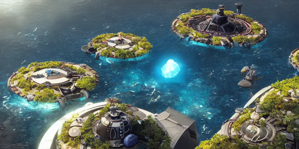 Image similar to circular floating ocean settlement, low angle view, fusion of subnautica and star trek, by noriyoshi ohrai, soft natural volumetric lighting, beautifully detailed 4 k octane render, 4 k post processing