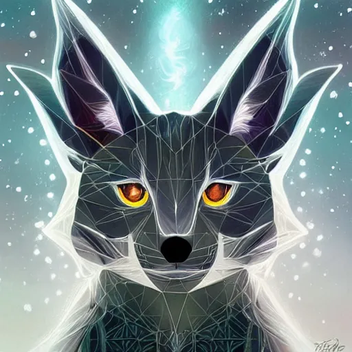 Image similar to geometric symmetrical jolteon with galaxy eyes in space, nebula in the background, intricate, elegant, highly detailed, digital painting, artstation, concept art, smooth, sharp focus, illustration, art by artgerm