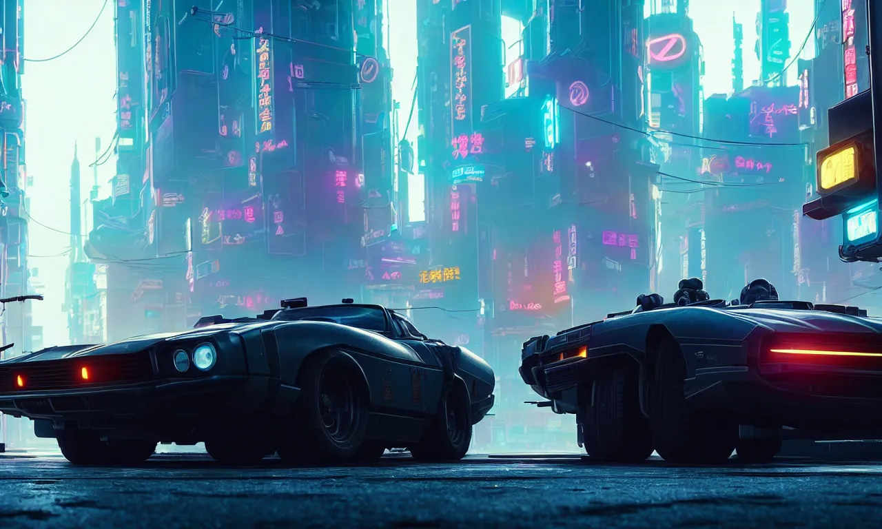 Image similar to a wholesome animation key shot of a quadra type 66 avenger as a Cyberpunk 2077 loading screen, medium shot, architecture, studio Ghibli, Pixar and Disney animation, sharp, very detailed, high resolution, inspired by Hayao Miyazaki, anime key art by Greg Rutkowski, Bloom, dramatic lighting