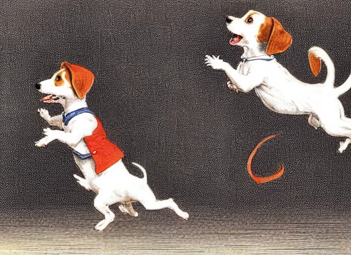 Image similar to portrait of happy jack russel terrier jumping, illustrated by peggy fortnum and beatrix potter and sir john tenniel