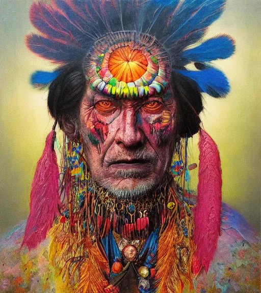 Image similar to Portrait painting in a style of Beksinski mixed with Alex Grey of an old shaman dressed in a colorful traditional clothes.