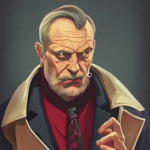 Prompt: a portrait of a stern heavy set older man with a round face and a salt and pepper goatee, wearing a smart smoking jacket and cravatte, in the style of a soviet era propaganda poster, cyberpunk dark fantasy art, official fanart behance hd artstation by jesper ejsing