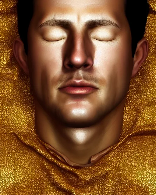 Prompt: realistic portrait of a man covered in gold with closed eyes, photo realistic, detailed, 1 4 5 0, delicate, hyper realism, ultra realistic, 8 k