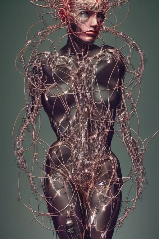 Prompt: portrait of a organic cyborg wrapped in barb wire by Hajime Sorayama and Jamie Coreth, trending on artstation, centered, symmetrical, rim lighting, electric hair, bilateral symmetry, 80s poster, polished, thick smoke, retro dark vintage sci-fi, 2D matte illustration