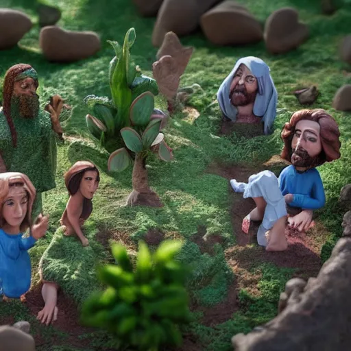 Prompt: hyper realistic depiction of the conflict of Christ in the garden, in claymation and mixed together with the advent of a spiritual invasion. 4k. High fidelity