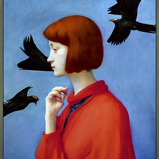 Image similar to a woman in a medieval city, a lots of crows, hyperrealistic film still by edward hopper, by gottfried helnwein, by klimt, by paolo uccello, art nouveau, highly detailed, strong lights, liminal, eerie, bright pastel colors