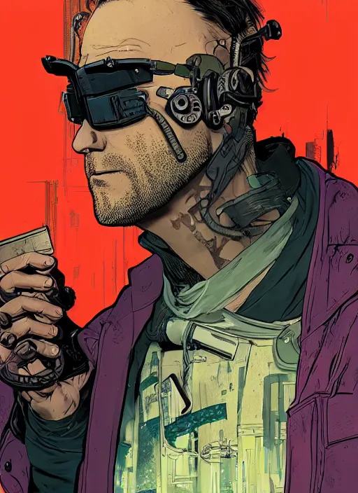 Image similar to cyberpunk pawnshop owner. portrait by ashley wood and alphonse mucha and laurie greasley and josan gonzalez and james gurney. splinter cell, apex legends, rb 6 s, hl 2, d & d, cyberpunk 2 0 7 7. realistic face. character clothing. vivid color. dystopian setting.