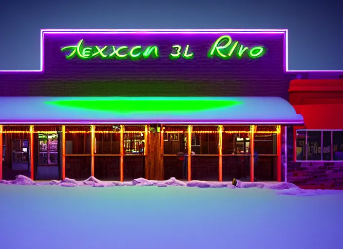 Image similar to exterior photo of a mexican restaurant, neon lights, in a flat snowy field. 35mm. Very detailed 8k. Sharp. Cinematic post-processing. Unreal engine. Nanite. Ray tracing. Parallax. Tessellation