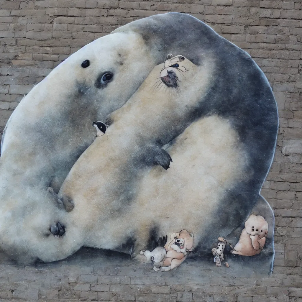 Image similar to a baby harp seal and large walrus, street art