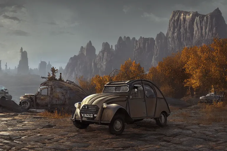 Image similar to offroad citroen 2 cv ( 1 9 6 5 ) driving across the rift, daedric longsword stored on the side of the car, leather and cloth traveller backpacks on roof, riften city in the background, epic fantasy, autumn, the elder scrolls v : skyrim, dramatic lighting, establishing shot, by simon stalenhag