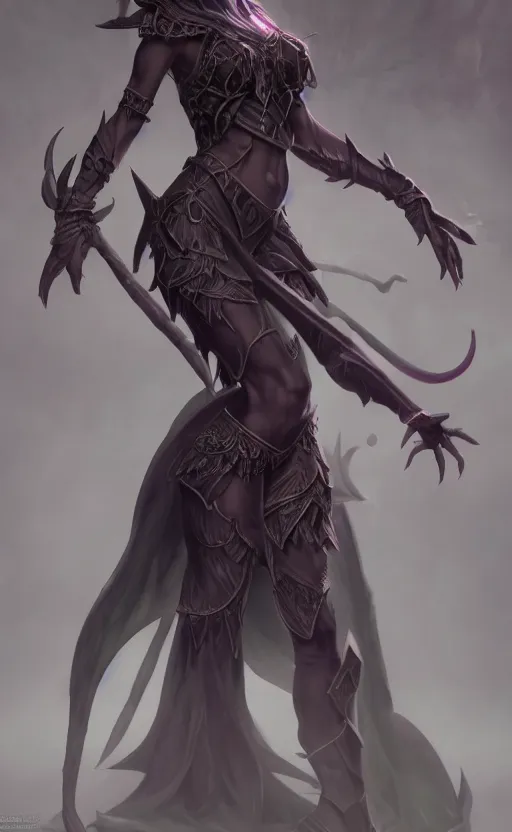 Image similar to full body shot of dark elf witch, highly detailed, d & d, fantasy, highly detailed, digital painting, trending on artstation, concept art, sharp focus, illustration, global illumination, ray tracing, realistic shaded, art by artgerm and greg rutkowski and fuji choko and viktoria gavrilenko and hoang lap,