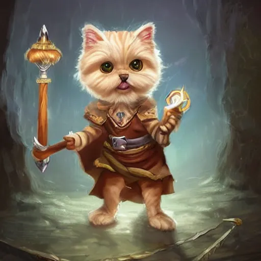 Image similar to cute little anthropomorphic a Maltese Terrier and a tabby cat, wielding a magic staff, tiny, small, short, Wizard robe, cute and adorable, pretty, beautiful, DnD character art portrait, matte fantasy painting, DeviantArt Artstation, by Jason Felix by Steve Argyle by Tyler Jacobson by Peter Mohrbacher, cinema