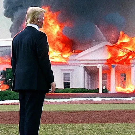 Prompt: trump standing watching the white house burn