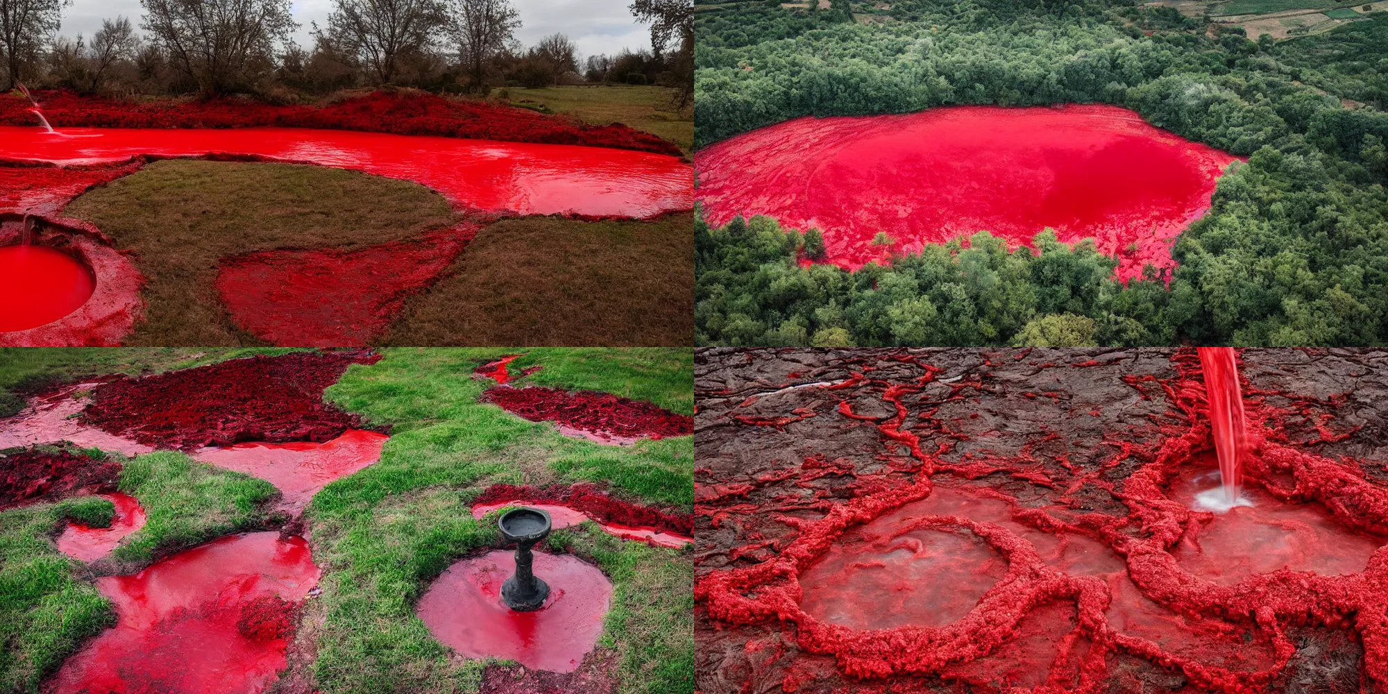 Prompt: a fountain of red liquid spilling out over a countryside