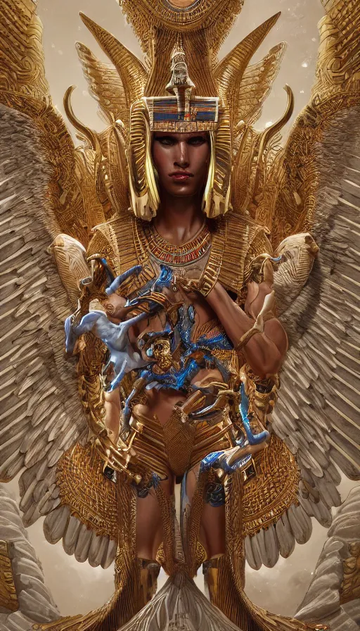 Image similar to egyptian bionic god, fallen angels, highly detailed, digital painting, good, refreshing, detailed and intricate, ornate, hyper realistic, trending on artstation, octane render, illustration by james jean