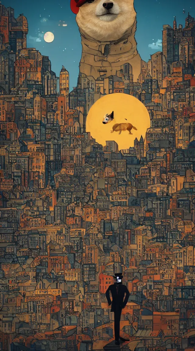 Image similar to giant doge looming over retro city, composition, artwork, money, fat robot, top hat, dusk, night, tall hat, sky, buildings, realistic