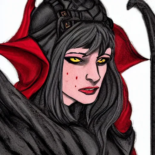 Prompt: a female tiefling with red skin, freckles, and a black cloak