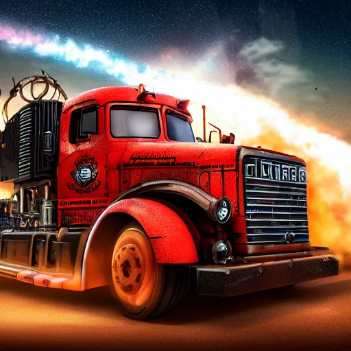 Image similar to A dieselpunk ogre truck with red flames and guns sticking out of it, jet engines with fire and sparks from the back of the trunk in deep space, lush vivid soft colors of sun set, hosing battering ram on front on truck, filigree planets in a stellar nebula, a small Ogre driver , DSLR, HDR, octane render, 3d shading, cgsociety, Horde3d, ambient occlusion, volumetric lighting, ray tracing, 3dexcite, Zbrush, Substance Designer, behance HD, lightWave 3d, Ureal Engine , Monet painting by Kait Kybar