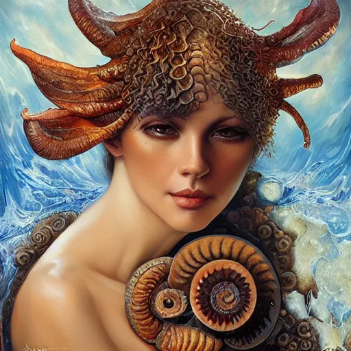 Image similar to a beautiful ammonite manipulating water by karol bak, ayami kojima, artgerm, river, water, blue eyes, smile, concept art, fantasy