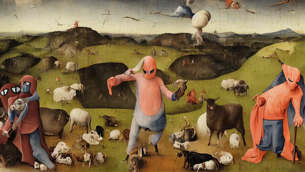 Image similar to A butcher and sheep wearing a spiderman costume taking a selfie smiling, in the fashion of Hieronymus Bosch, oil on canvas, painting, 4k, wide shot