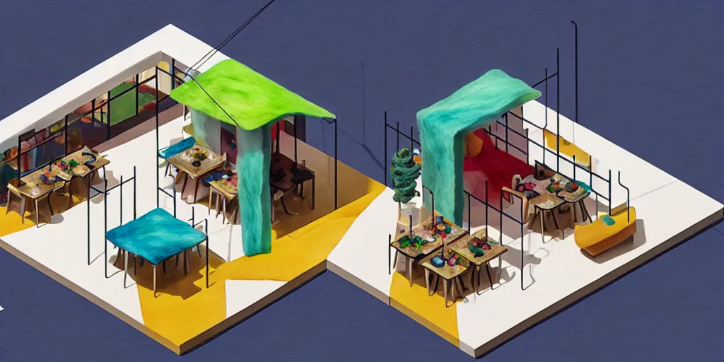 Prompt: an indoor modern cafe, watercolor and wool felting style, design by beeple and kandinsky, isometric style