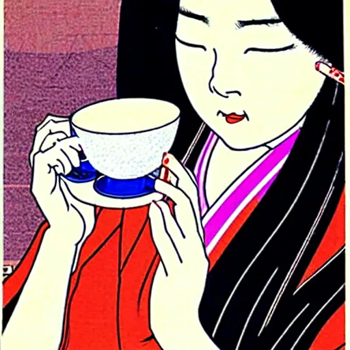 Image similar to Beautiful Japanese woman drinking tea with a snake by Toshio Saeki ultra high detailed