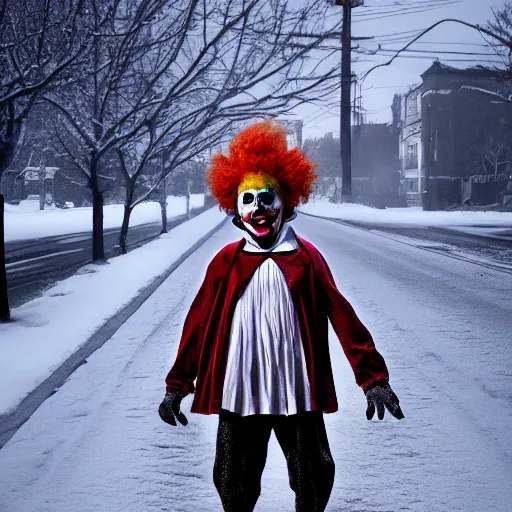 Image similar to scary clown stands in the street in winter, high quality, digital art, 8K, HD, photorealistic, realistic,