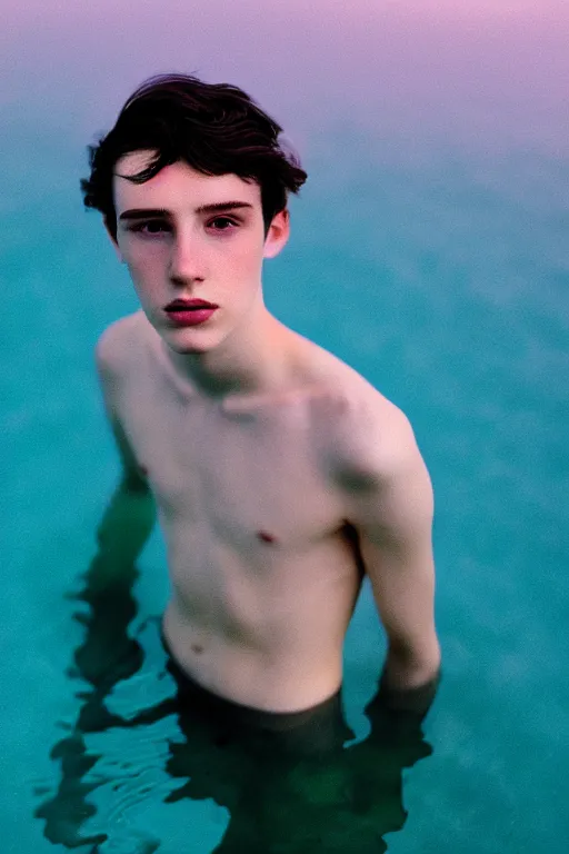 Image similar to high quality pastel coloured film mid angle docu photograph of a beautiful young 2 0 year old male, soft features, short black hair, falling in an icelandic black rock pool environment. atmospheric. three point light. photographic. art directed. ( pastel colours ). volumetric light. clearcoat. waves glitch. 8 k. filmic.