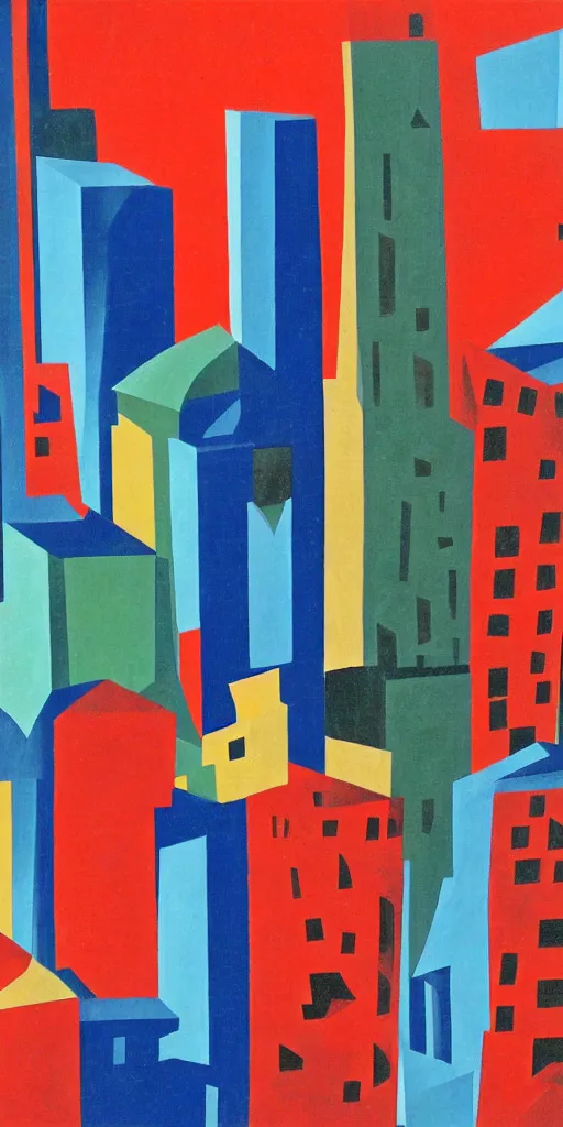 Prompt: The tall buildings that are crumbling, Fortunato Depero painting style.