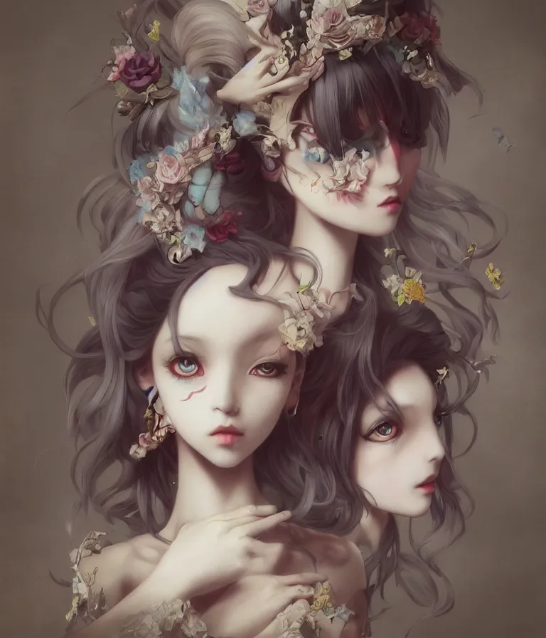 Prompt: anime 3 d art, wlop art, realistic marie antoinette girl painting, japanese street fashion, hyper realism, muted colours, rococo, natalie shau, anime, tom bagshaw, mark ryden, trevor brown style