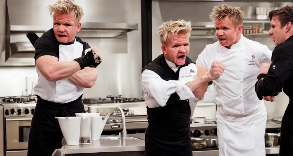 Image similar to photo of angry furious Gordon Ramsay punching Gordon Ramsay at the kitchen