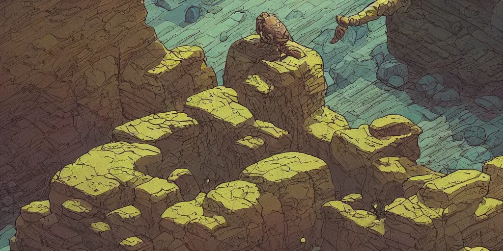 Prompt: isometric science fiction art of a rocky landscape. isometric perspective. science fiction art. alien world. moebius