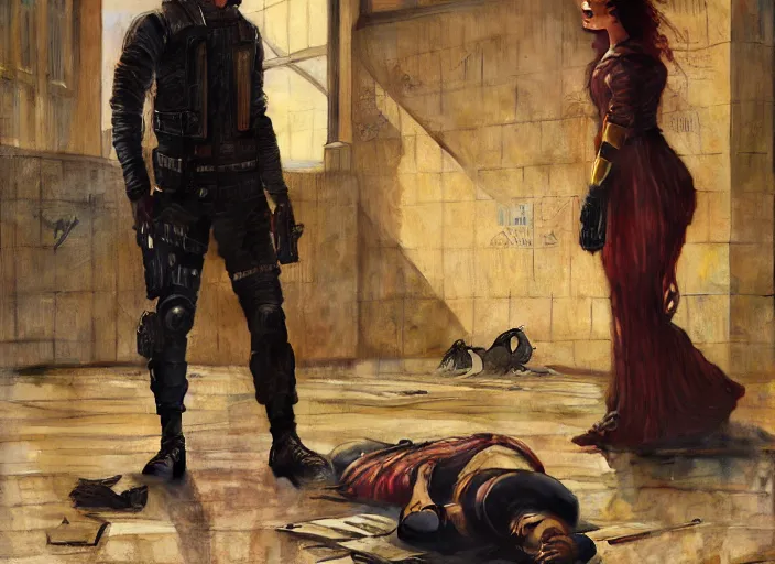 Image similar to Maria evades pvt griggs. Cyberpunk hacker escaping Cyberpunk corporate security. (police state, Cyberpunk 2077, blade runner 2049). Iranian orientalist portrait by john william waterhouse and Edwin Longsden Long and Theodore Ralli and Nasreddine Dinet, oil on canvas. Cinematic, hyper realism, high detail 4k