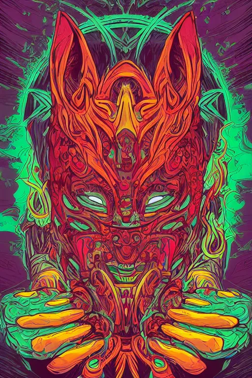 Image similar to animal mask totem roots tribal feather gemstone plant wood rock shaman vodoo video game vector illustration vivid multicolor borderlands comics by josan gonzales and dan mumford radiating a glowing aura