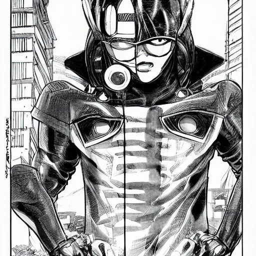 Image similar to Manga illustration of masked super hero, full body and head portrait by Tetsuo Hara. Depth of field, zoom out 35mm camera, awesome cityscape in the background, highly detailed concept art, detailed pencil art by Kengo Hanazawa