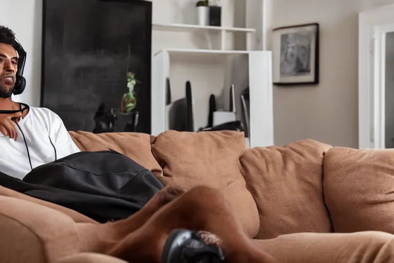 Image similar to a man that is deep in thought is wearing a white t - shirt and black sweat pants and wearing over the ear headphones is sitting in a brown leather reclining chair in a living room