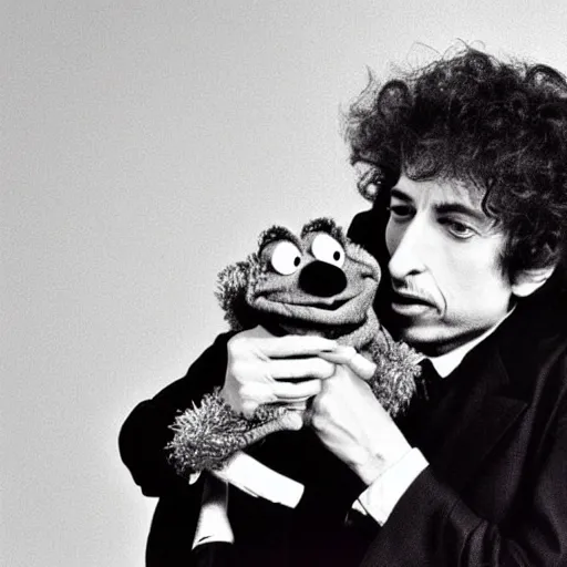 Image similar to bob dylan strangling kermit the frog, photograph