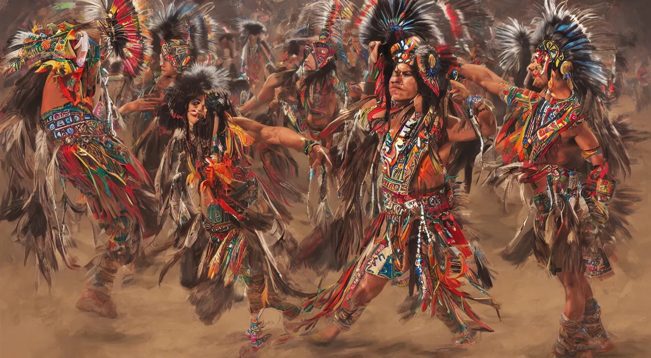 Prompt: danza azteca dancers, dancing, powwow, highly detailed wallpaper, detailed faces, feathers, digital painting, artstation, concept art, smooth, sharp focus ilustration, Artstation HQ
