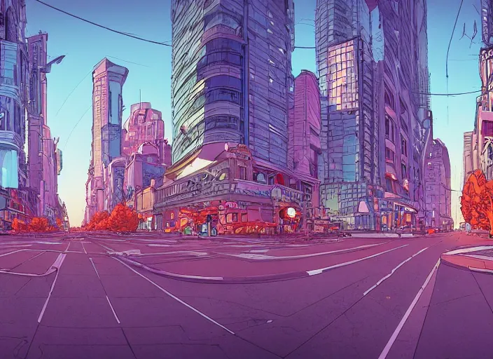 Prompt: wide view of a city, on the street, no cars. sharp focus, cinematic pose, cinematic lighting, unreal engine render. art by josan gonzales and moebius and deathburger.