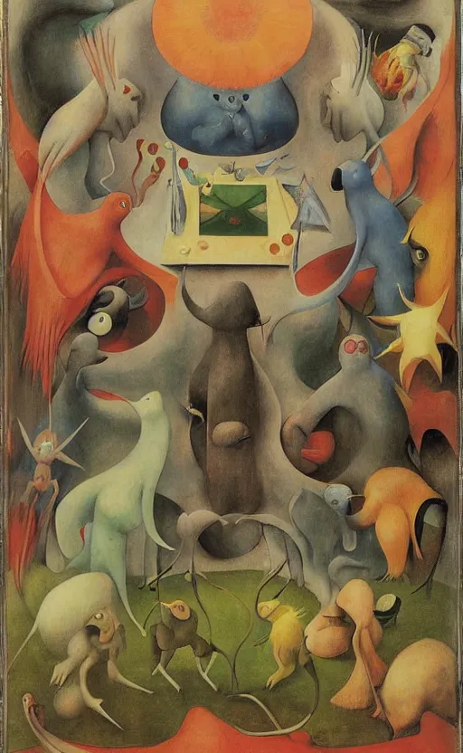 Image similar to an entirely new non-existing Pokemon, tarot card, beautiful frames, Leonora Carrington moebius Hieronymus Bosch Max Ernst dali Zdzisaw Beksiñski Roland Topor Henryk Plociennik