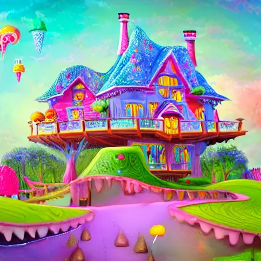Prompt: fancy treehouse style mansion made of candy in fantasy landscape with ice cream mountains and candy trees, detailed luminescent oil painting 4 k